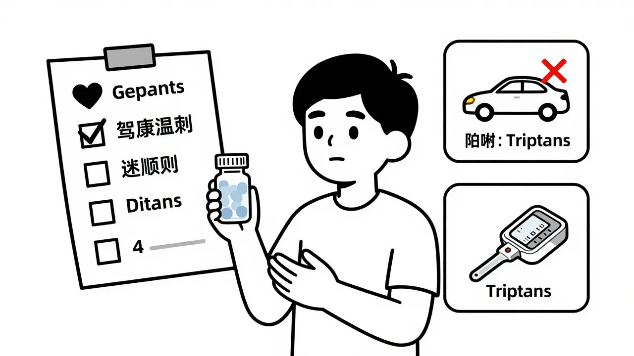 Illustration of patient checking safety guidelines for migraine drugs