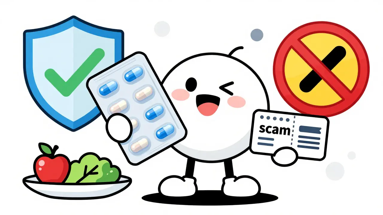 Illustration of safe online purchase habits with coupons and refill packs.