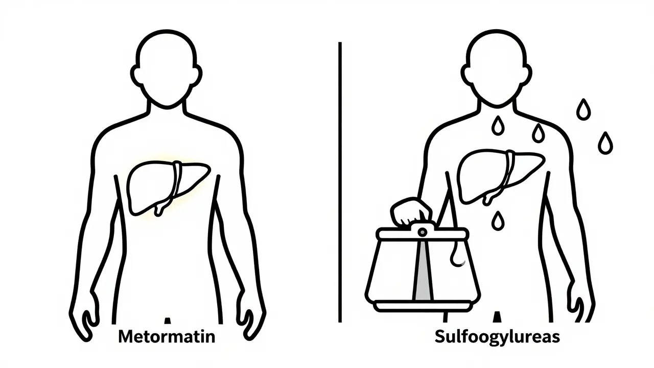 Line art comparison of Metformin vs Sulfonylureas effects