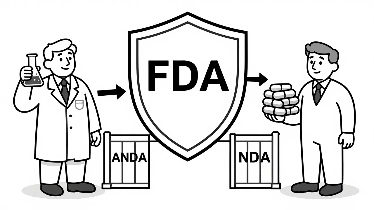 Line art diagram of FDA approval pathway for generic drugs via ANDA