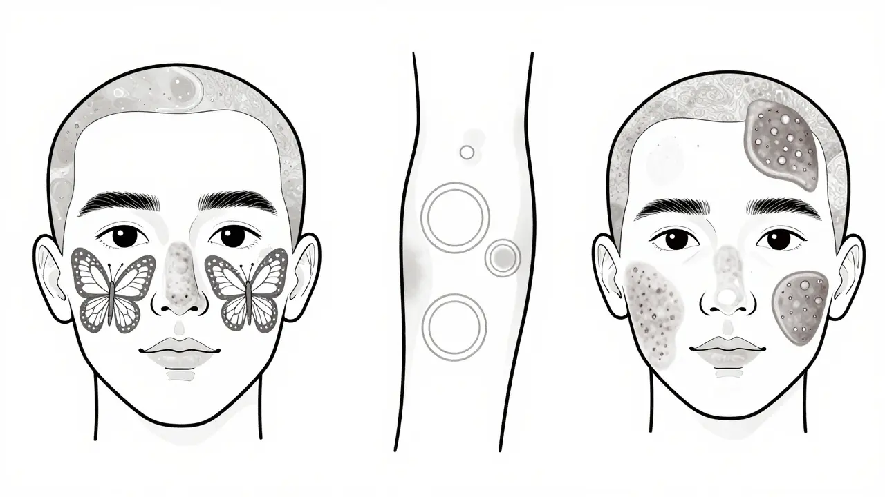 Line art diagram of three cutaneous lupus rash types on face and body