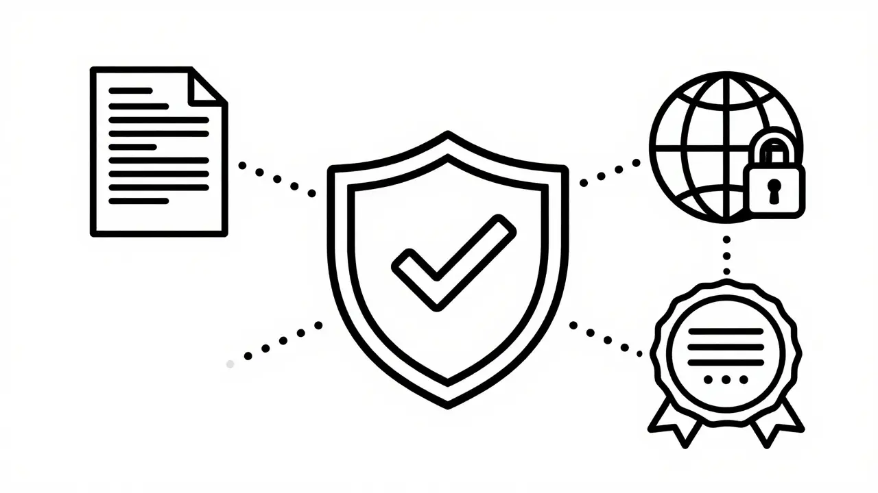 Line art illustration of safe online pharmacy verification icons and shield