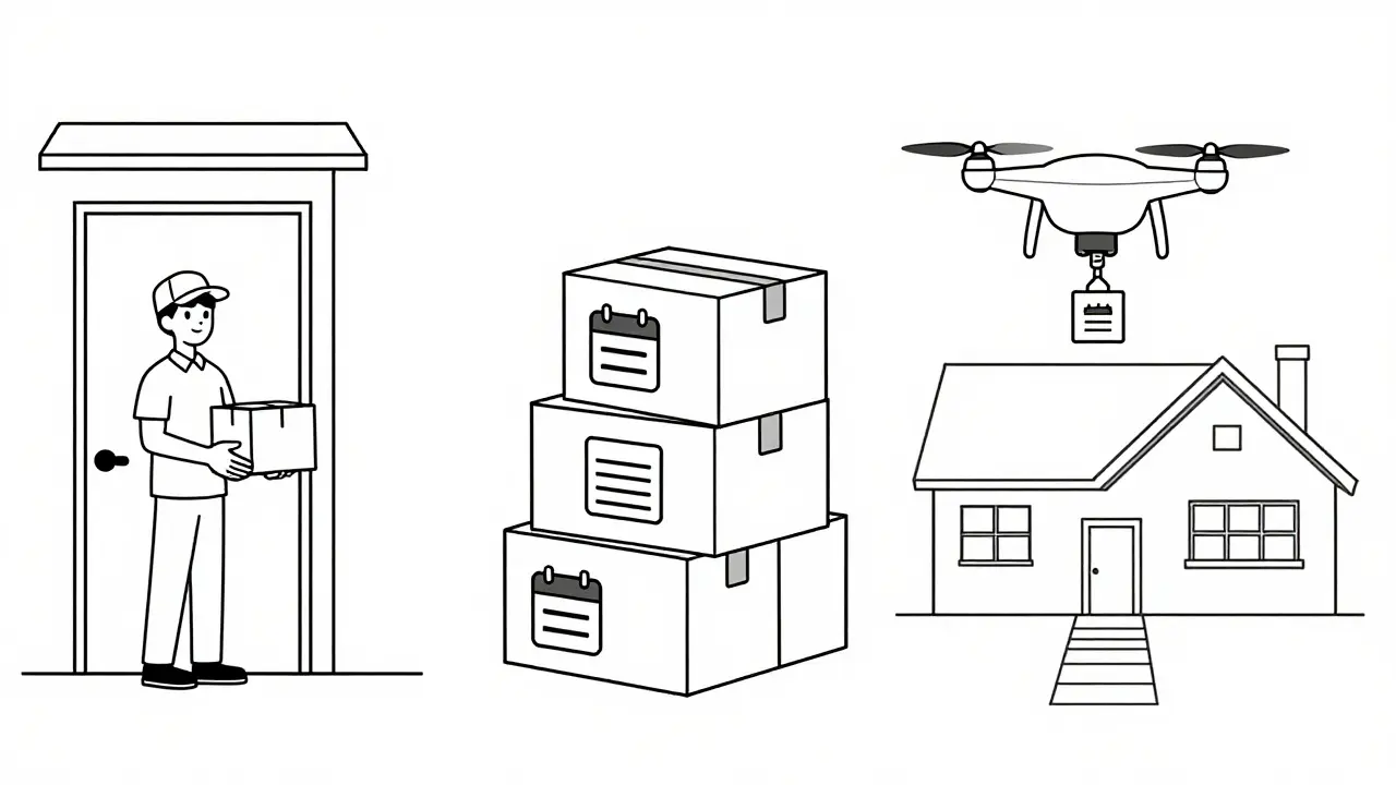 Line art of home, mail, and drone medication deliveries