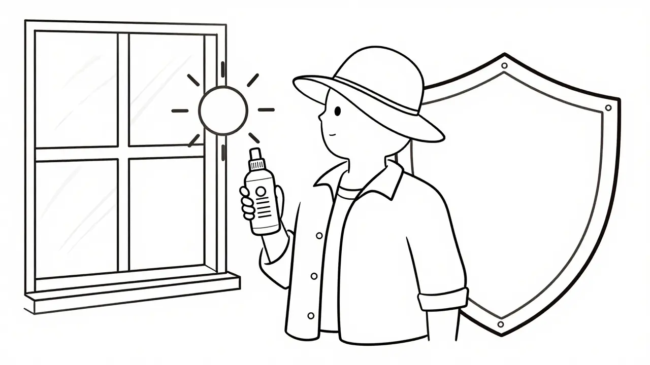 Line art of person using sunscreen, protective clothing, and window film