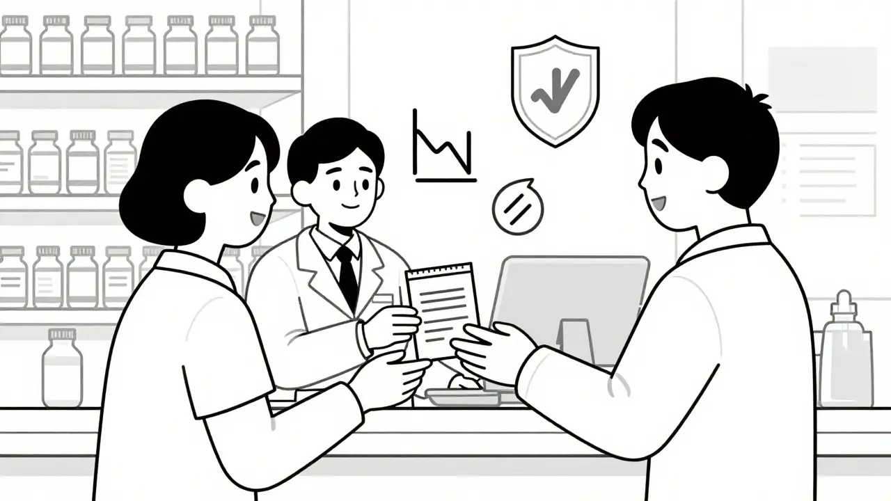 Line art of pharmacist handing affordable generic meds to a patient