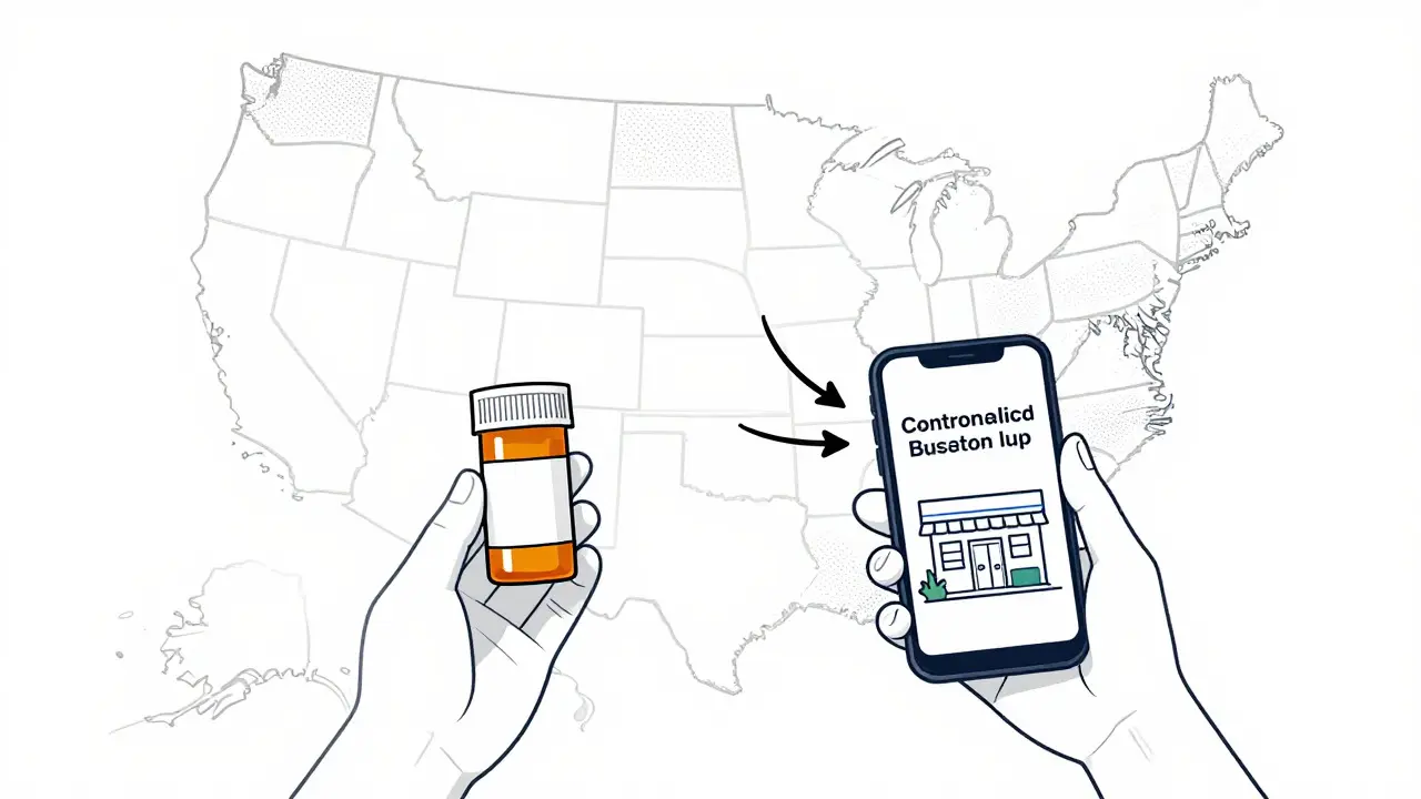 Line drawing showing online prescription logistics across US states.