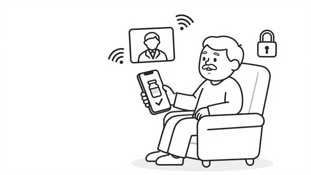 Senior using smartphone app for prescription management