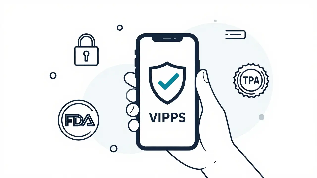 Smartphone showing secure pharmacy verification shield