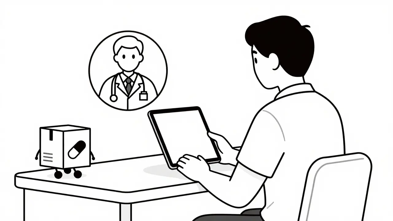 Cartoon line drawing of a person using telehealth services to order generic medication delivery
