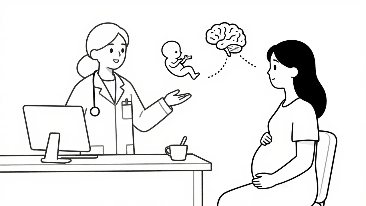 Doctor discussing SSRI safety with a pregnant patient in an office setting