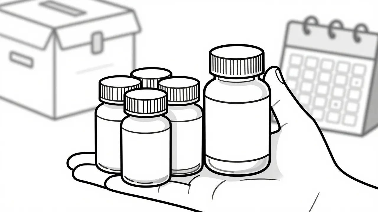 Hand holding generic pill bottles next to a brand-name bottle and mail box