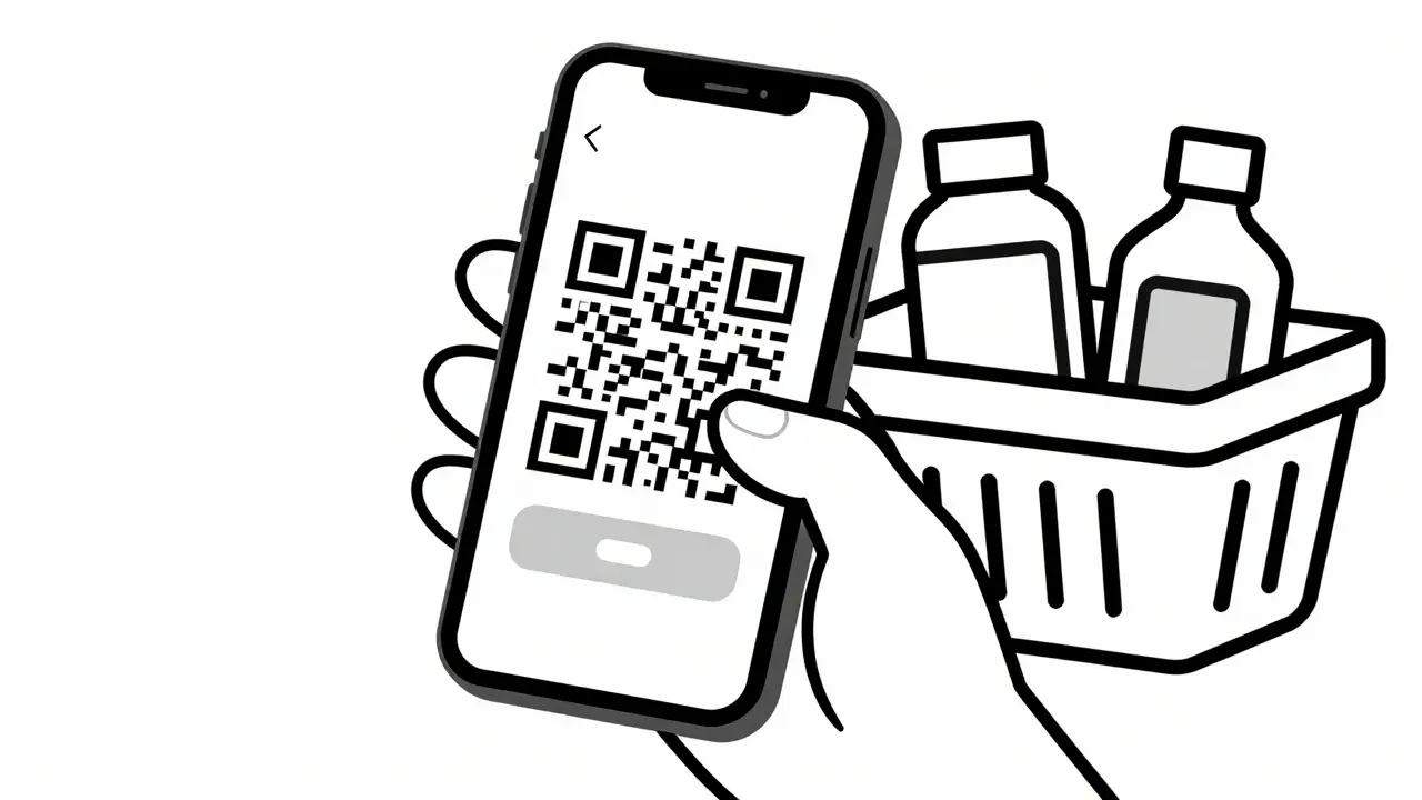 Hand holding phone with coupon and medicine basket