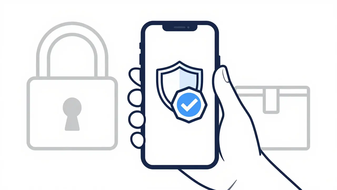 Hand holding phone with security shield for safe online pharmacy
