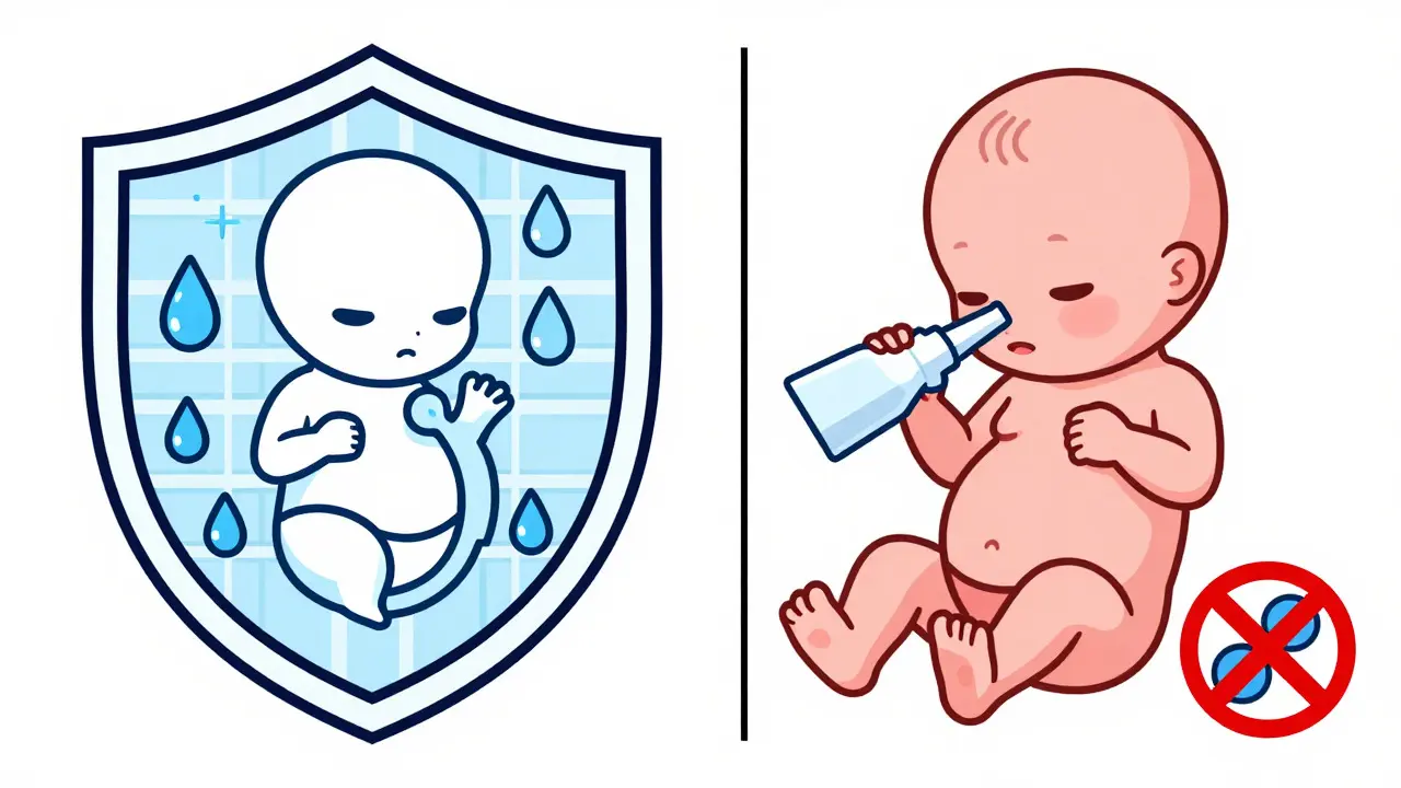 Illustration comparing allergy safety in early vs late pregnancy