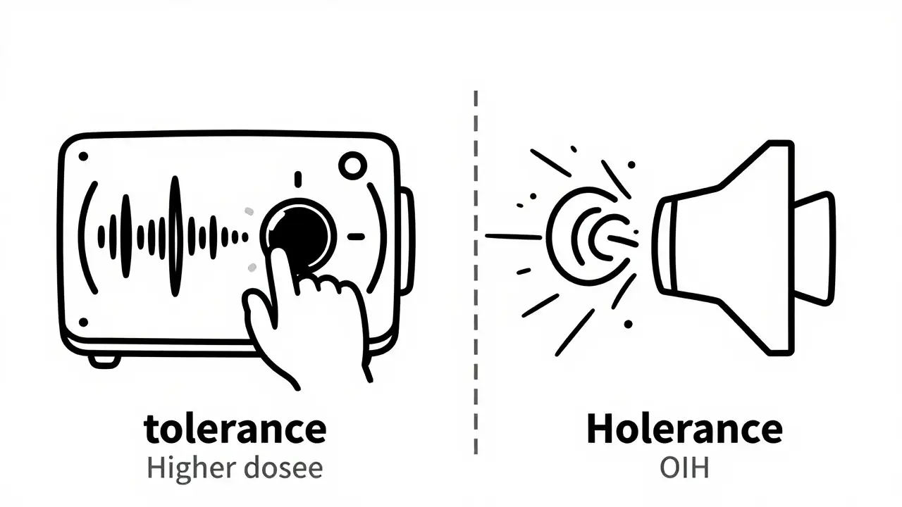 Illustration comparing tolerance and hyperalgesia using speakers and volume dials.