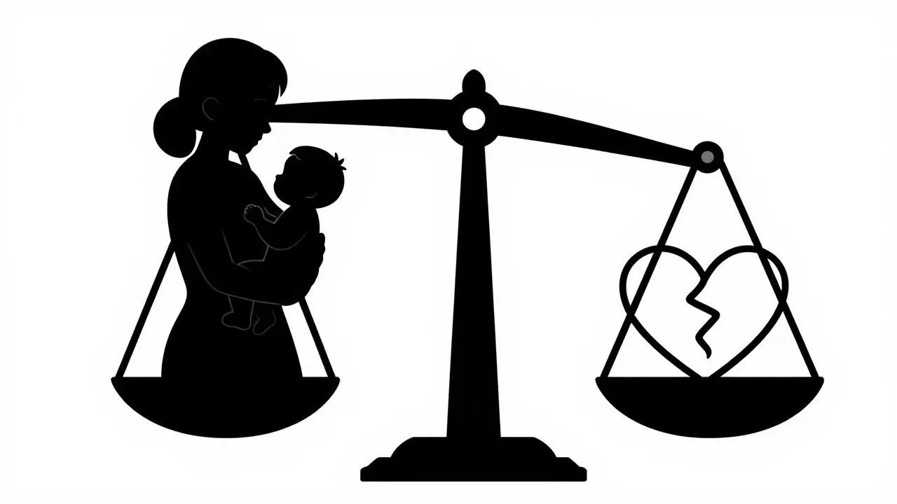 Illustration of a balance scale favoring treated mother and baby over risks