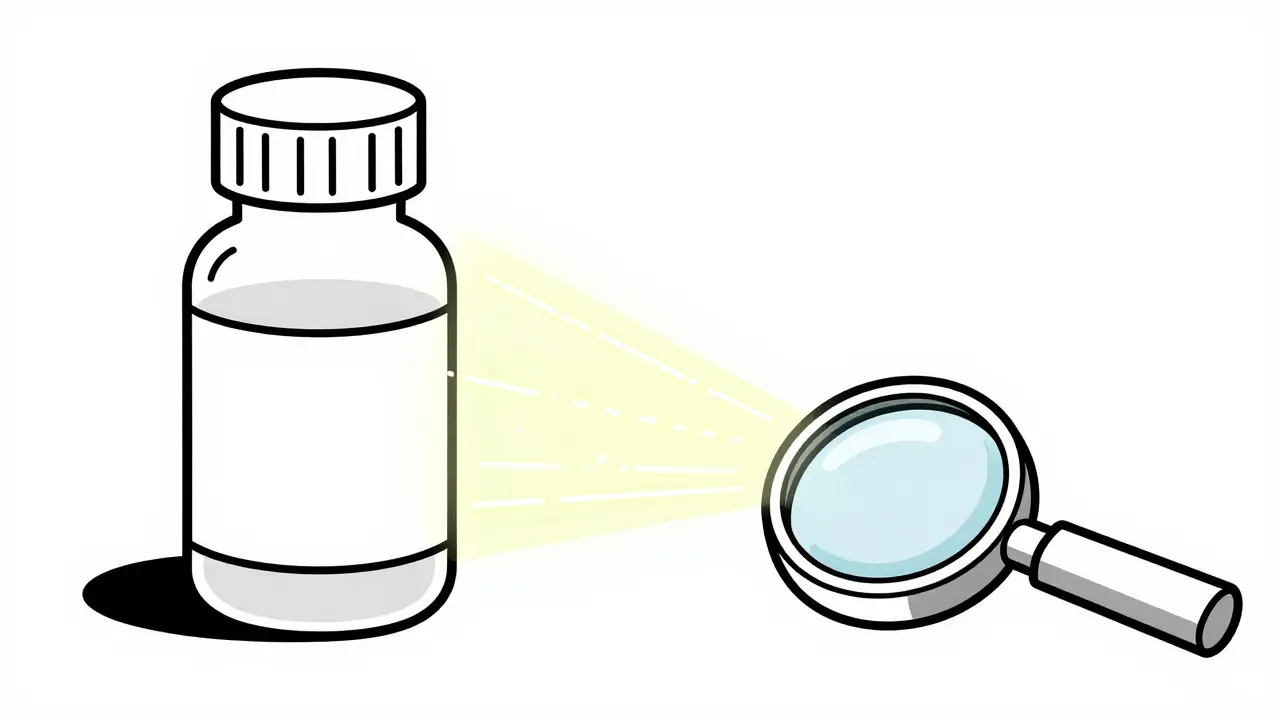 Illustration of a UV light revealing hidden security marks on a medicine bottle.