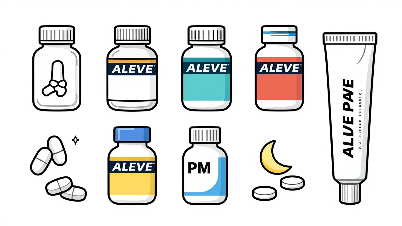 Illustration of different Aleve formulations and uses