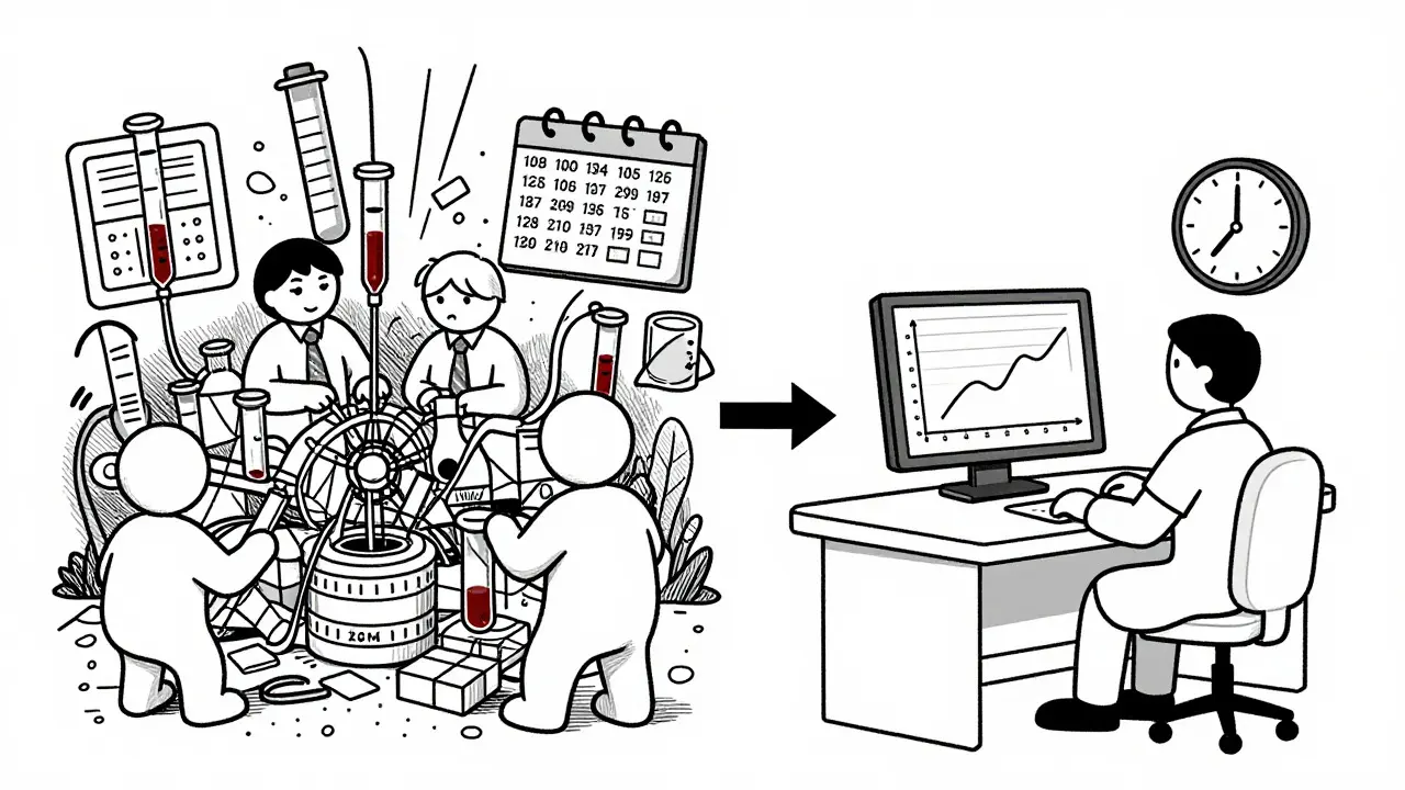 Line art comparison showing crowded clinical trial volunteers versus a single scientist with data