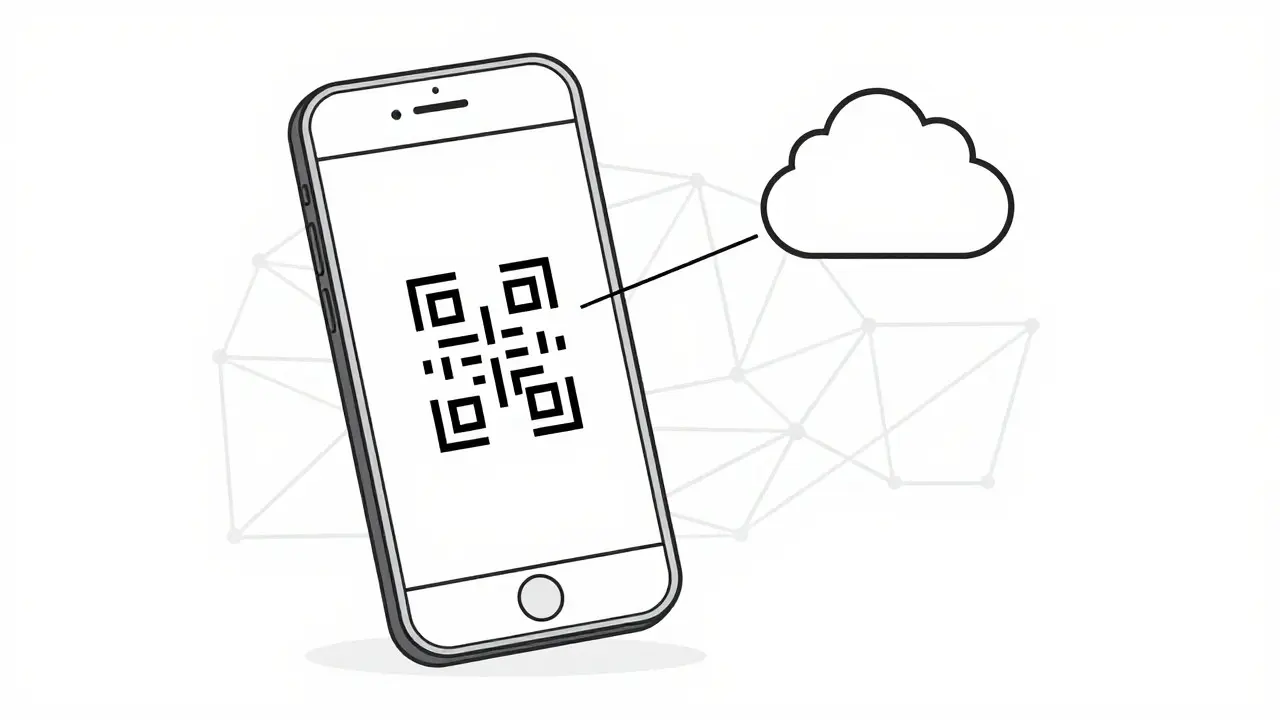 Line art concept of scanning a medicine code via smartphone for digital verification.