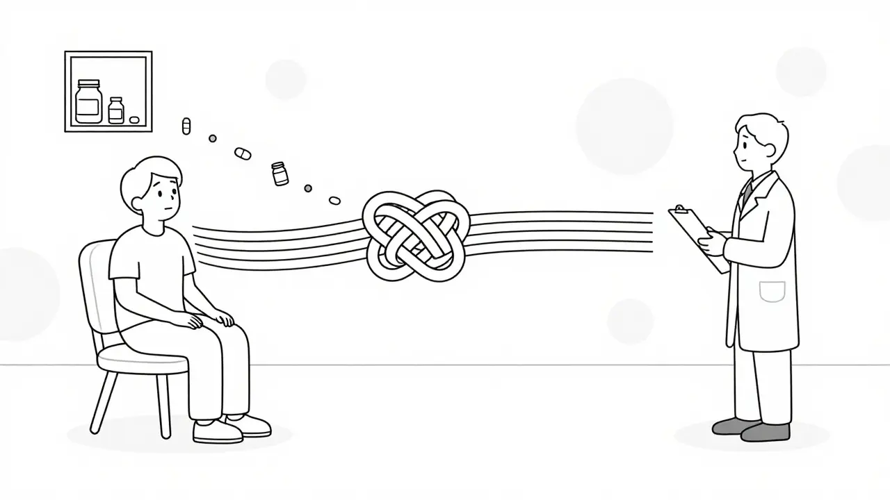 Line art drawing of a patient relaxing as tangled nerve lines untangle during treatment.