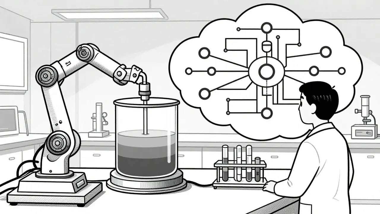 Line art of a robot performing a dissolution test next to an abstract machine learning network