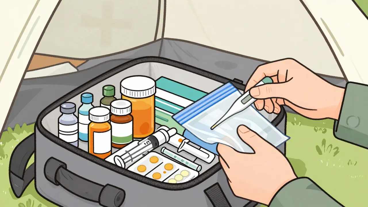 Line art of hands organizing medications and supplies inside a tent