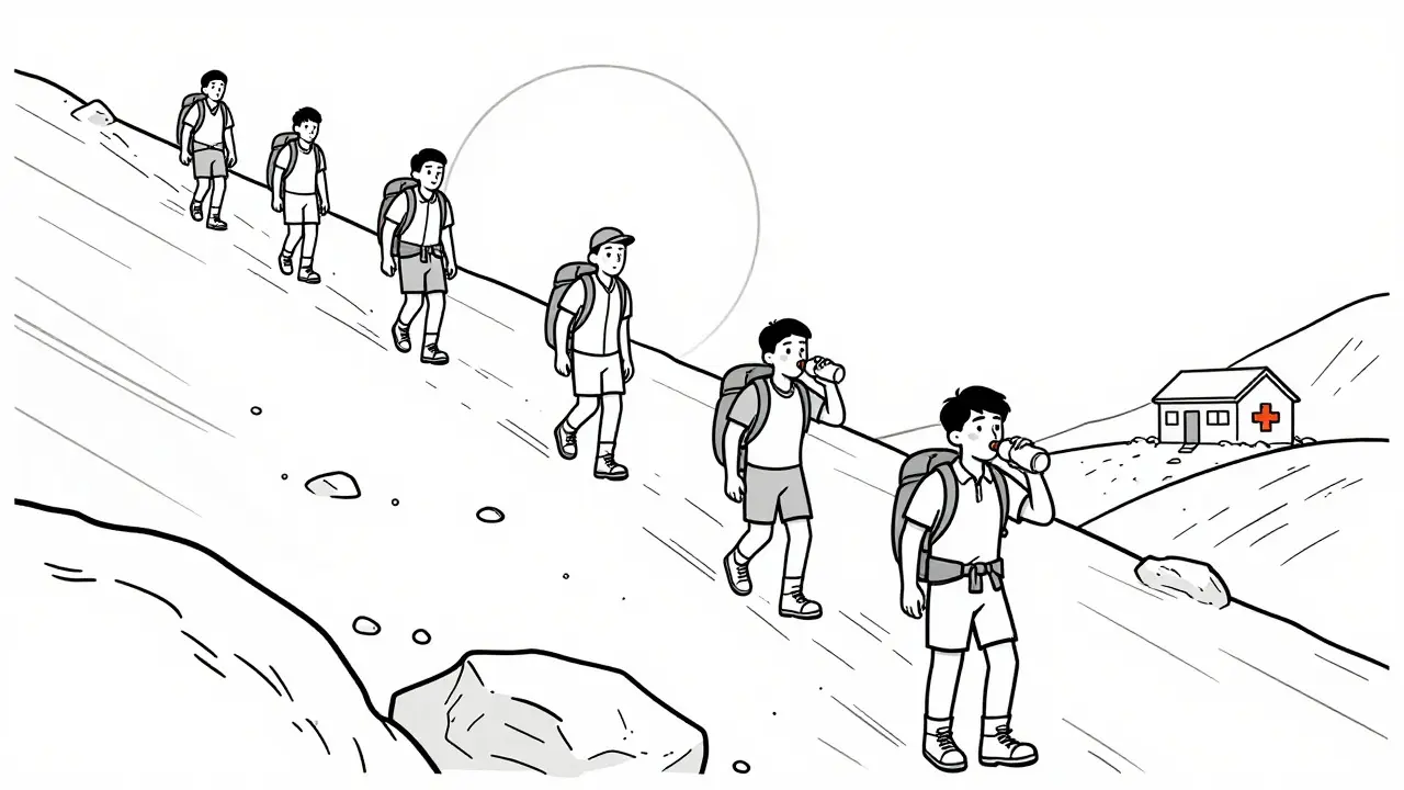 Line art of trekkers climbing a steep path towards distant peaks
