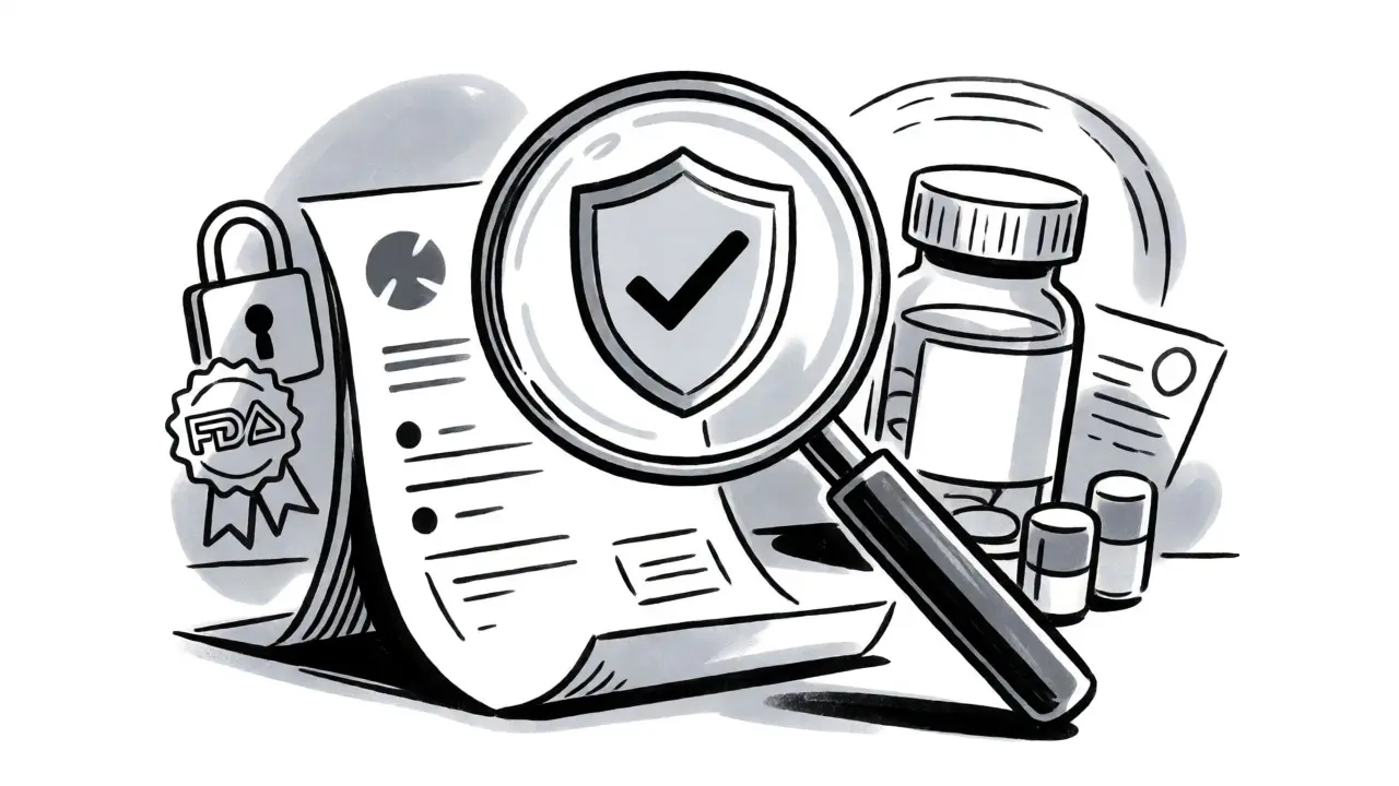 Magnifying glass inspecting a prescription and pills, symbolizing safe online pharmacy verification.