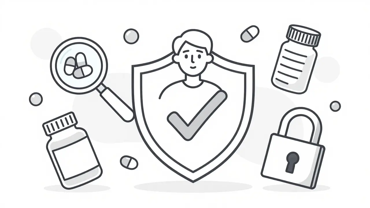 Minimalist line art showing safety checks and verification for buying medicine online