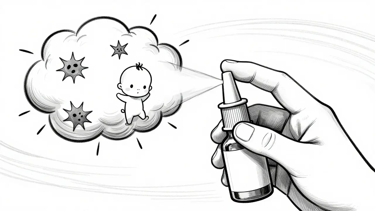 Nasal spray mist protecting a baby from allergy symbols