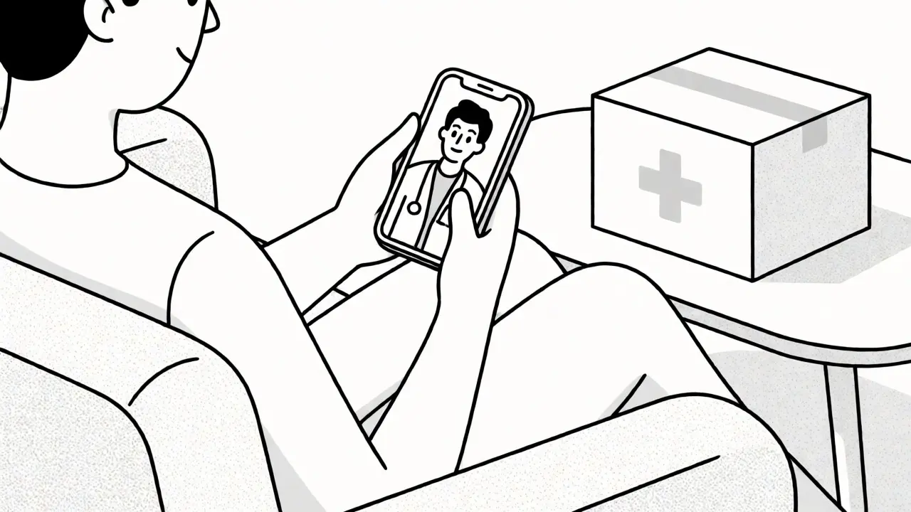 Person having a telehealth video call with a doctor while waiting for medication delivery.