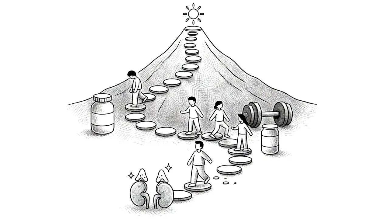 Conceptual line art of a descending path representing steroid tapering, with adrenal glands waking up at the bottom.