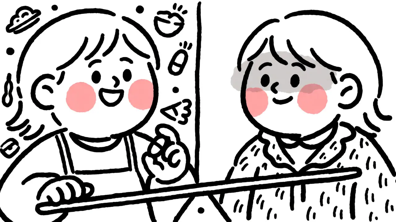 Split-screen cartoon showing a happy patient with moon face versus one with cracked bones, illustrating steroid side effects.